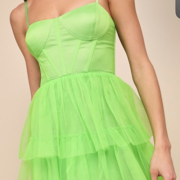 Lulus Rule the Runway Lime Green Tulle Bustier Straps Prom Tiered Maxi Dress M/L - Picture 4 of 15